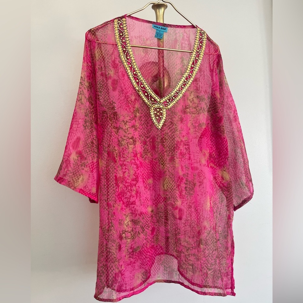 Aqua Blue Pink Sheer mesh Fairycore Tunic with Gold Embellishments XL